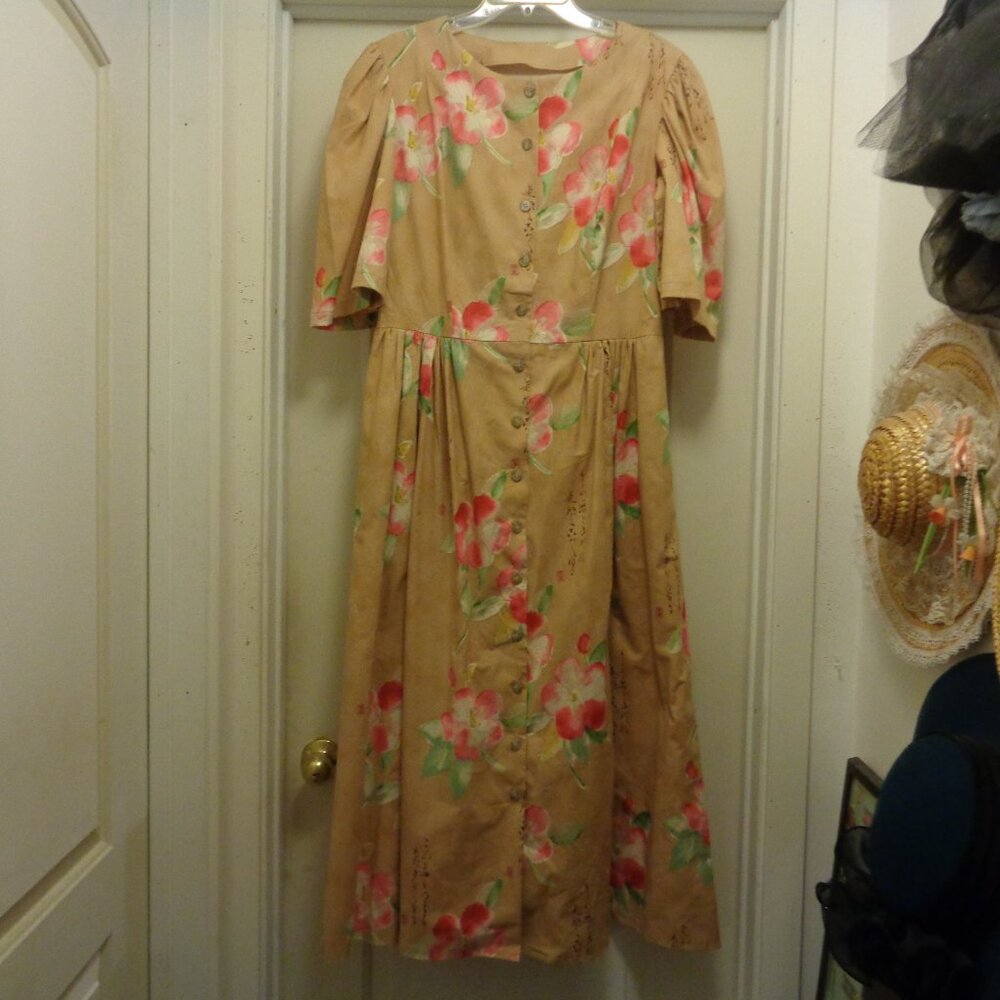 ASIAN STYLED COUNTRY PRAIRIE FARM MAXI BROWN COTTON FLORALS DRESS HANDMADE X LG